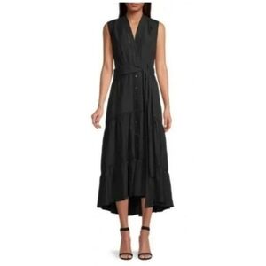 Kobi Halperin Anna Linen Eyelet Tiered Belted Sleeveless Button Up Midi Dress